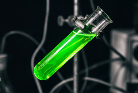A single glass test tube containing a vibrant and glowing neon green chemical liquid is securely held by a metal clamp against a blurred dark background full of scientific equipment and wiresの素材