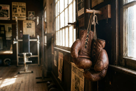A pair of distressed brown leather boxing gloves hangs by laces on a wooden peg inside a rustic vintage gym with sunlight streaming through large windows.の素材