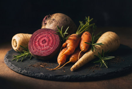 A rustic still life composition featuring fresh organic carrots parsnips and a sliced red beetroot arranged on a dark slate board garnished with green rosemary sprigs and scattered soil particles.の素材