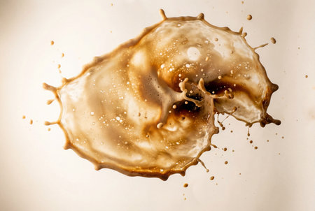 Dynamic brown coffee liquid splashing and mixing with white cream to form a swirling spiral pattern with flying droplets and bubbles isolated against a neutral white.の素材