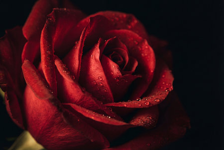 Red rose with water drops on black background. Valentines day backgroundの素材