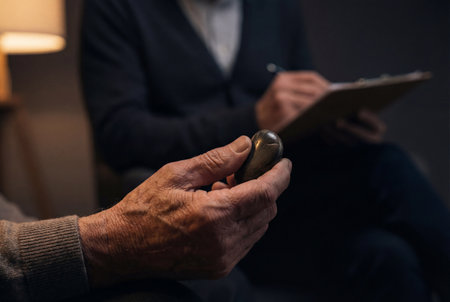 Wrinkled senior male hand gripping a small smooth worry stone during a serious mental health consultation while a counselor writes notes on a clipboard in the blurred background.の素材