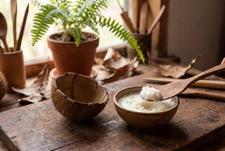 A rustic wooden spoon lifts solid white coconut oil from a small bowl beside a cracked coconut shell on a weathered wooden surface surrounded by dried leaves and a potted green fern.の素材