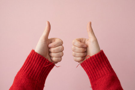 Closeup view of two female hands wearing bright red knitted wool sweater sleeves showing a double thumbs up gesture symbolizing agreement and success isolated on a clean pastel pink studio background.の素材