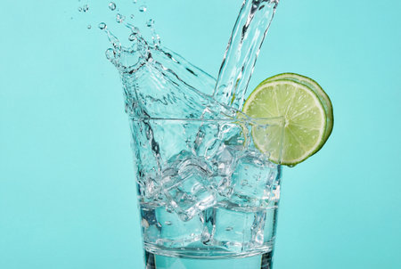 A stream of crystal clear water pours into a transparent glass filled with ice cubes and green lime slices causing a dynamic splash against a bright turquoise background.の素材