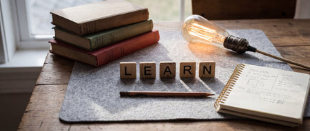 Wooden letter tiles spelling the word learn sit on a grey felt mat next to a stack of old books and a glowing vintage light bulb beside an open notebook with handwritten notes and a pencil.の素材