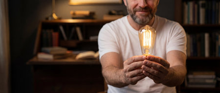 A bearded man in a white t shirt holds a bright glowing vintage light bulb in his hands to represent electricity and inspiration within a dimly lit home office study.の素材