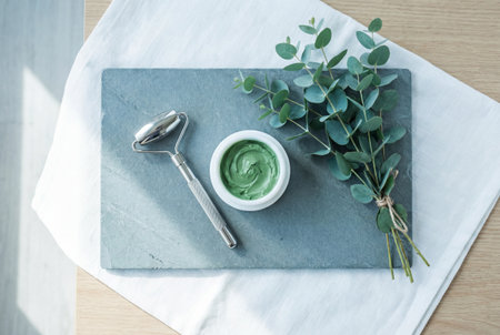 A top view arrangement of beauty tools featuring a metallic facial roller and a jar of green clay mask placed on a grey slate tray alongside fresh eucalyptus branches on a white cloth.の素材