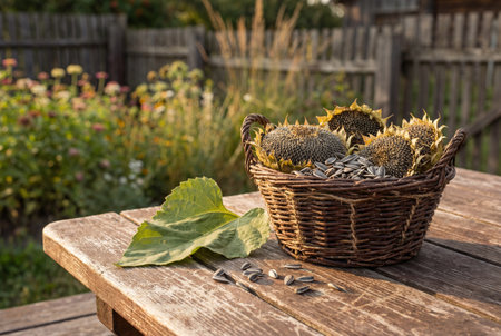 A woven wicker basket filled with mature dried sunflower heads and black seeds sits on a weathered wooden table near a green leaf and scattered grains with a blurred garden fence background.の素材