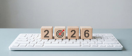 Wooden blocks aligned to present the year 2026 and a target symbol placed on computer keyboard, symbolizing goals and future planning in contemporary officeの素材