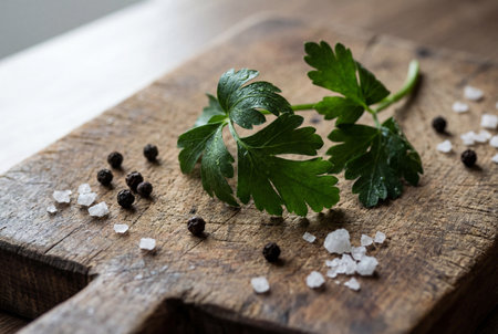 A close up view of fresh green italian parsley leaves arranged on a textured rustic wooden board alongside scattered coarse sea salt crystals and whole black peppercorns for culinary preparation.の素材