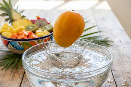 A whole ripe yellow mango drops into a clear glass bowl filled with water creating a dynamic splash on a wooden table while a bowl of cut tropical fruits sits blurred in the background.の素材