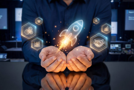 A businessman holds a glowing digital rocket ship hologram in cupped hands surrounded by hexagon icons representing growth and partnership to symbolize a successful startup launch and innovation.の素材