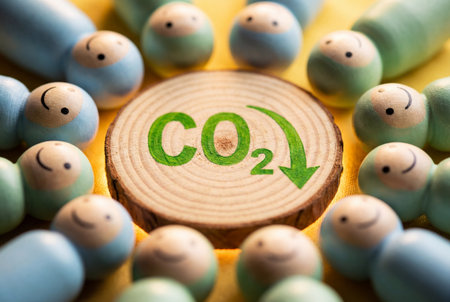 Smiling blue and green wooden dolls stand in a circle around a small wood slice marked with a green carbon dioxide reduction symbol and downward arrow to represent sustainability efforts.の素材