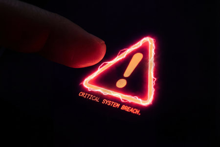Extreme close up on a glowing red triangular alert and an exclamation mark on a phone, indicating a critical system breach with cybersecurity riskの素材