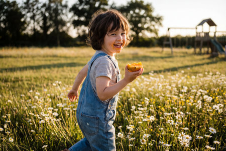 A happy young child with a messy face runs through a field of white daisies while holding a piece of yellow fruit during a sunny summer evening with a playground in the background.の素材