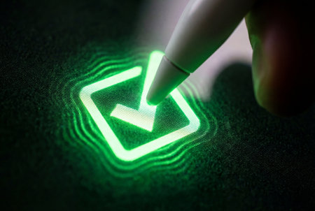 A white digital stylus pen touches a glowing green checkmark symbol inside a square box on a pixelated screen indicating successful verification and task completion.の素材