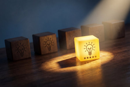 Illuminated lightbulb icon on wooden blocks represents an idea and the concept of business success, with beam shining upon the potential of positive reviews and ratingsの素材
