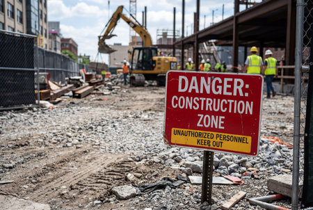 A bright red danger sign stands amidst rubble and gravel warning unauthorized personnel to keep out while blurred workers and a yellow excavator operate on a steel structure in the background.の素材