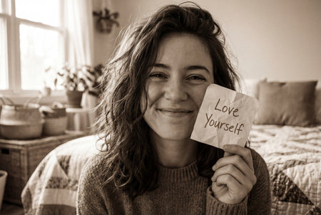 A happy young woman with wavy hair sits in her bedroom and holds up a handwritten note that reads love yourself to promote positive mental health and confidence.の素材