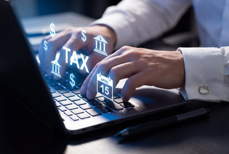 Close up of businessman hands typing on a laptop keyboard accompanied by glowing digital icons showing tax text dollar signs and an april fifteenth calendar.の素材