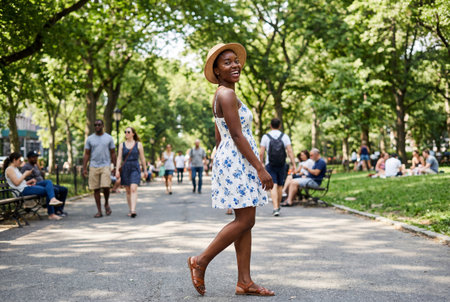 A beautiful young black woman wearing a floral sundress and straw hat smiles brightly while walking along a paved path in a sunny green park filled with people enjoying the summer day.の素材