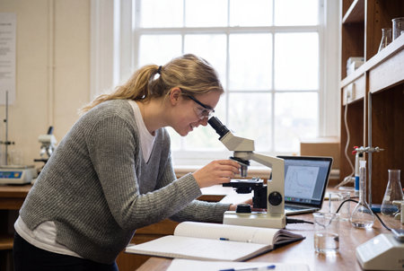 A focused young woman with blonde hair wearing safety glasses examines a sample through a microscope while sitting at a wooden desk in a bright university science laboratory with flasks and a laptopの素材
