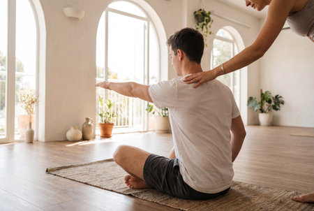 A young man sits cross legged on a rug stretching his arm as a female instructor adjusts his shoulder posture during a wellness session in a bright studio with large arched windows and wooden floors.の素材