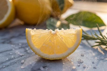 A fresh yellow lemon wedge sprinkled with coarse sea salt sits on a grey marble surface with rising steam and blurred green leaves in the warm sunlight.の素材