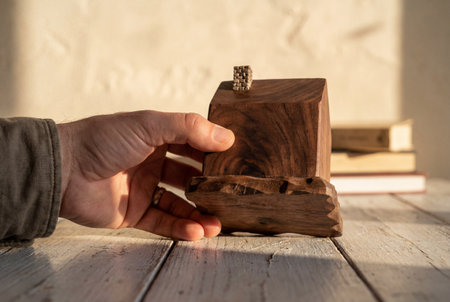 A male hand wearing a ring holds a dark wooden house model on a rustic white table illuminated by warm sunlight with blurred books in the background symbolizing real estate.の素材