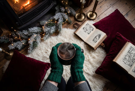 Hands wearing green knitted mittens hold a steaming ceramic mug of hot chocolate above a white fur rug surrounded by open vintage books and red velvet pillows near a burning fireplace.の素材