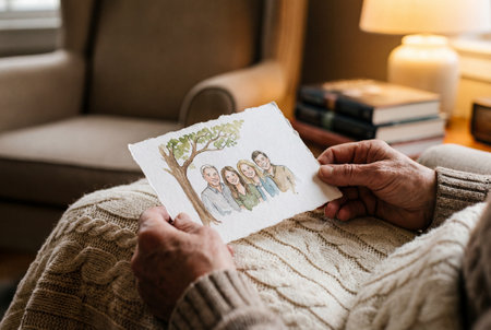 Wrinkled elderly hands hold a sentimental watercolor illustration of a family group on a textured card while resting on a beige knitted sweater in a cozy room.の素材