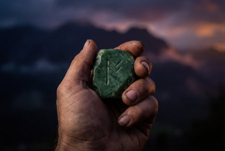 A dirty male hand holds a rough green gemstone carved with an ancient viking rune symbol while standing before a majestic blurred mountain landscape during a dramatic twilight sunset.の素材