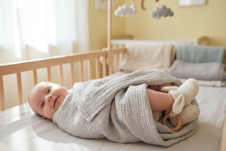 A happy smiling infant lies comfortably in a wooden crib wrapped in a soft grey muslin swaddle blanket while wearing knitted white booties with bunny ears in a bright nursery room.の素材