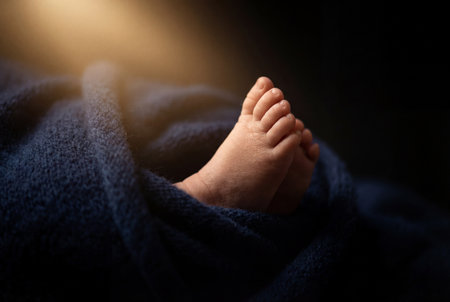 Tiny wrinkled newborn baby feet rest comfortably while wrapped in a textured dark navy blue knitted blanket illuminated by a gentle shaft of warm light against a dark shadowy background.の素材