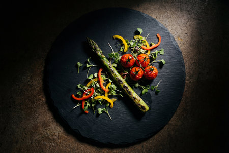 A single grilled asparagus spear lies across roasted cherry tomatoes and sliced bell peppers garnished with fresh microgreens on a round black slate plate set against a dark textured background.の素材