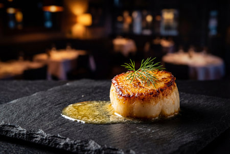 Golden pan seared scallop garnished with fresh dill sitting in rich butter sauce on a dark textured slate board against a blurred upscale restaurant interior.の素材