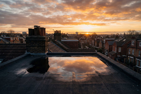 Serene sunrise over a London suburb with a view from a rooftop featuring dark tarred or rubberized surface and surrounding buildings under a cloudy skyの素材