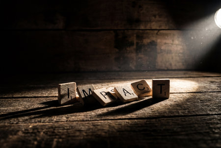 Wooden square tiles with black letters spell out the word impact on a textured rustic wooden surface illuminated by a bright spotlight beam that creates deep dramatic shadows and reveals dust.の素材