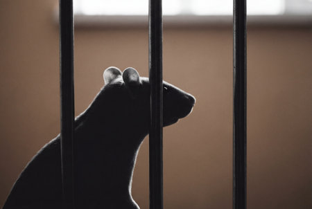 A dark silhouette of a domestic rat in profile view sits behind vertical metal cage bars against a blurred brown background creating a moody conceptual atmosphere of captivity or laboratory testing.の素材