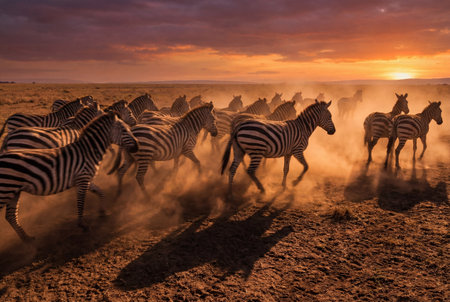 A large herd of wild zebras runs fast across the dry african savannah kicking up clouds of dust while the sun sets on the horizon creating a dramatic orange glow and long shadows on the ground.の素材