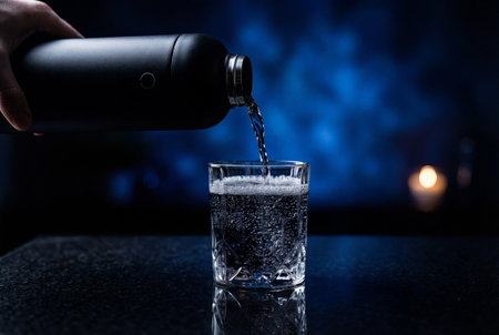 A hand holds a sleek matte black bottle while pouring sparkling carbonated water into a crystal glass sitting on a reflective dark surface against a moody blue background with soft bokeh lights.の素材
