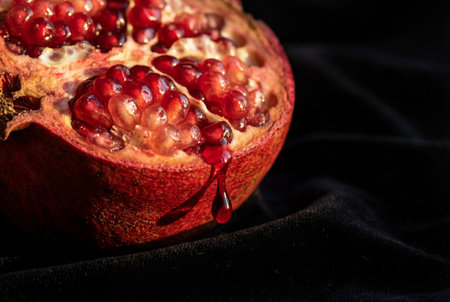 Close-up of single ripe pomegranate half, red seeds visible, juicy arils bursting with flavor, detailed texture of fruit's interior, vibrant red color, dark background highlighting fruit's detailsの素材
