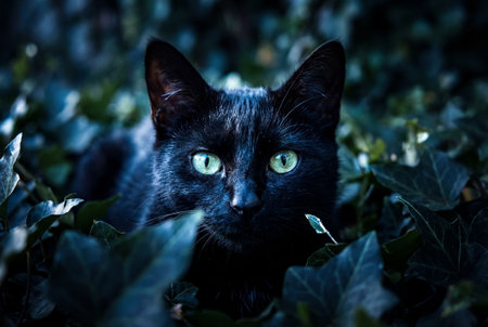 A mysterious black cat with piercing green eyes hides perfectly camouflaged among dense dark green ivy leaves while staring intently at the camera in low light.の素材