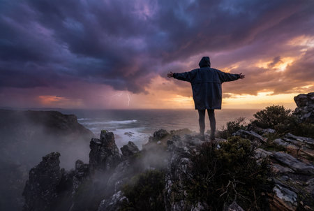 A solitary man stands on a rocky cliff edge with arms outstretched embracing the power of nature while facing a dramatic lightning storm over the ocean at sunset.の素材