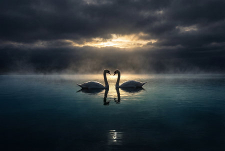 Two elegant white swans face each other on a tranquil blue lake while golden sunlight breaks through dark brooding clouds creating a serene and romantic atmosphere.の素材