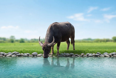 A large black asian water buffalo stands on a green grassy bank and drinks fresh clear water from a calm river under a bright blue sky with white clouds in a peaceful natural landscape setting.の素材
