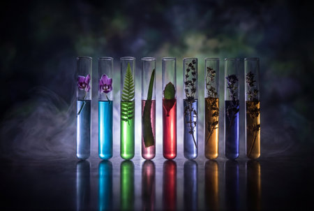 A collection of glass test tubes lined up on a reflective table containing different plants and flowers submerged in vibrant colorful chemical solutions against a dark smoky background.の素材