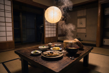 A traditional japanese breakfast featuring grilled fish, steaming rice, miso soup, and side dishes arranged on a low wooden table in a rustic room with tatami mats and a hanging paper lantern.の素材