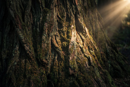 A close up view of rugged redwood tree bark features deep vertical furrows covered in patches of green moss and lichen while warm shafts of sunlight highlight the textured natural surface.の素材